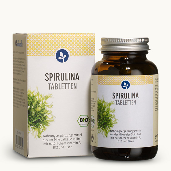 Bio Spirulina Tabletten Bio Spirulina Tabletten aus reinem Mikroalgenpulver, reich an Vitamin A.