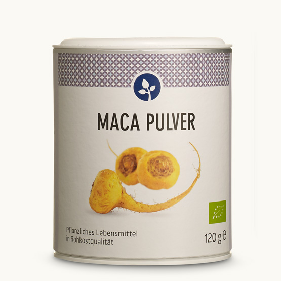 Bio gemahlenes Pulver aus der Maca Wurzel in der wiederverschließbaren Membrandose.